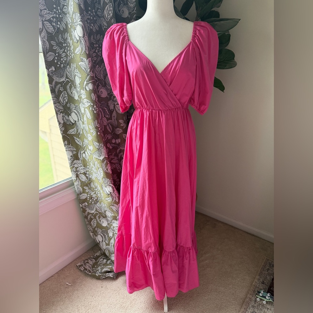 Zara Bright Pink Puff-Sleeve Cotton Midi Dress